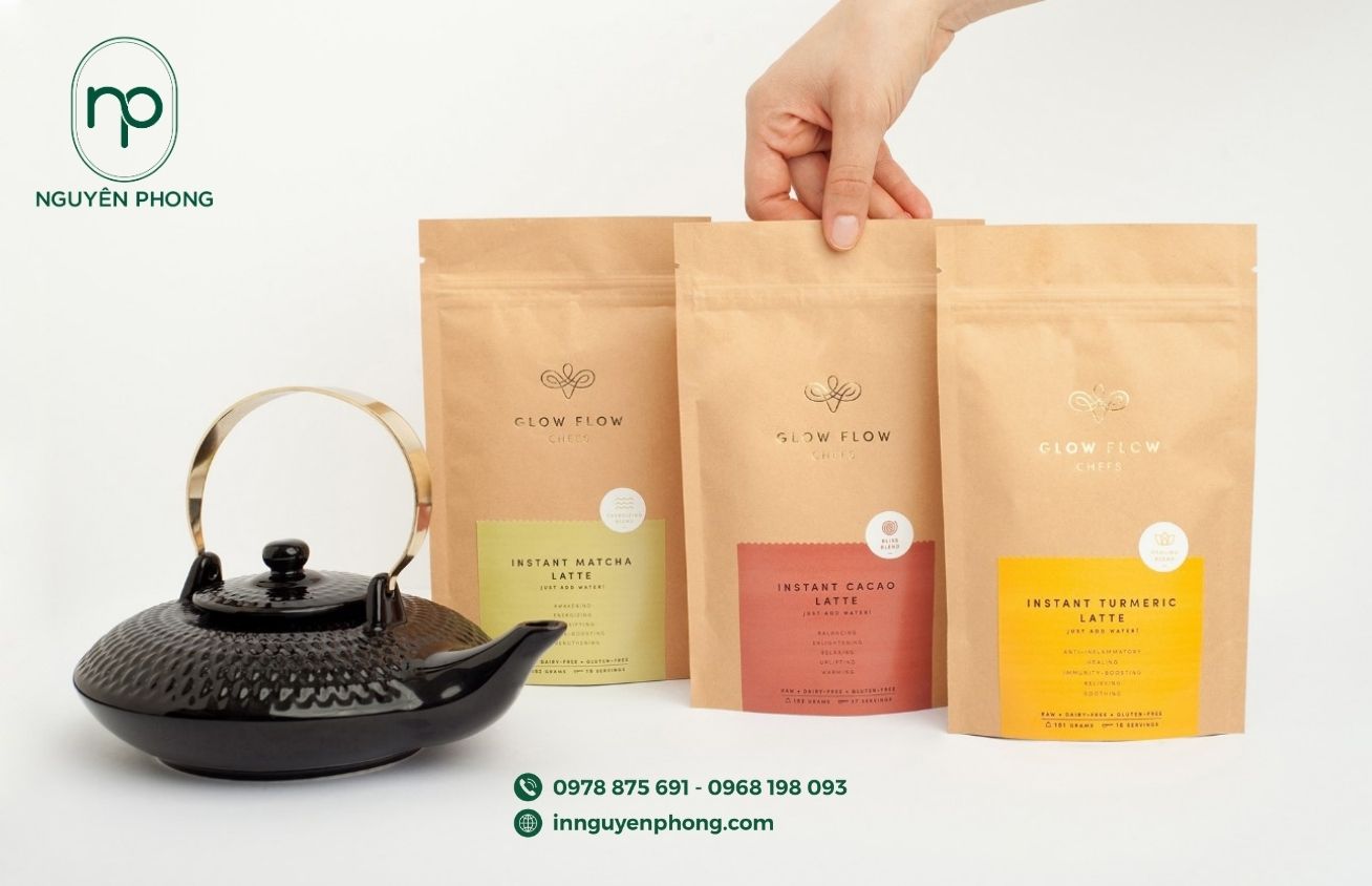 Mẫu tem nhãn bột trà xanh dán túi giấy kraft